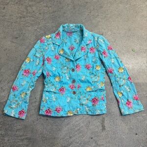Johnny Was Women's Blue Embroidered Floral Blazer Size XS Bohemian Hippie Art